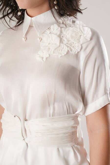Atbw_White Modal, Satin Fabric Flowers Collared Designer Shirt _at_Aza_Fashions