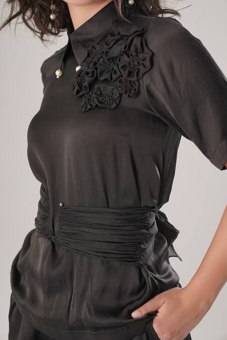 Atbw_Black Modal, Satin Collared Designer Shirt _at_Aza_Fashions