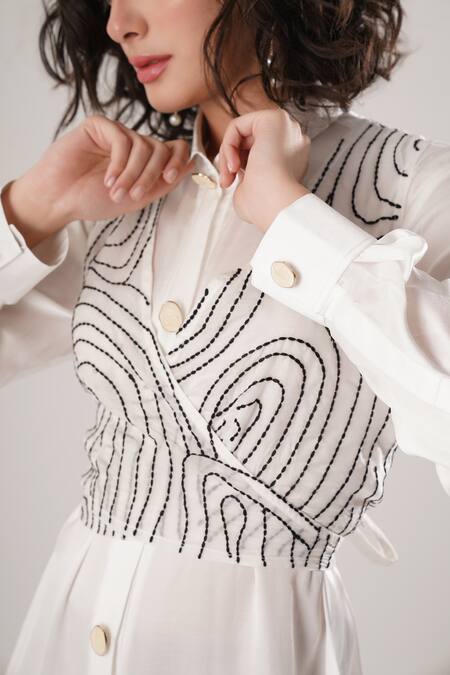 Atbw_White Modal, Satin Embroidery Collared Designer Dress _Online_at_Aza_Fashions