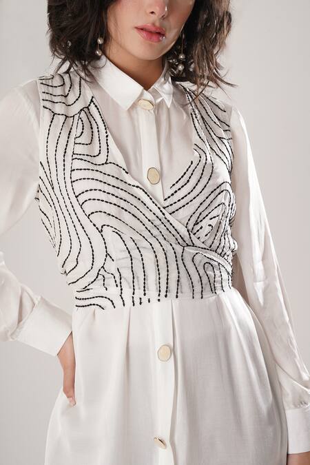 Buy_Atbw_White Modal, Satin Embroidery Collared Designer Dress _Online_at_Aza_Fashions