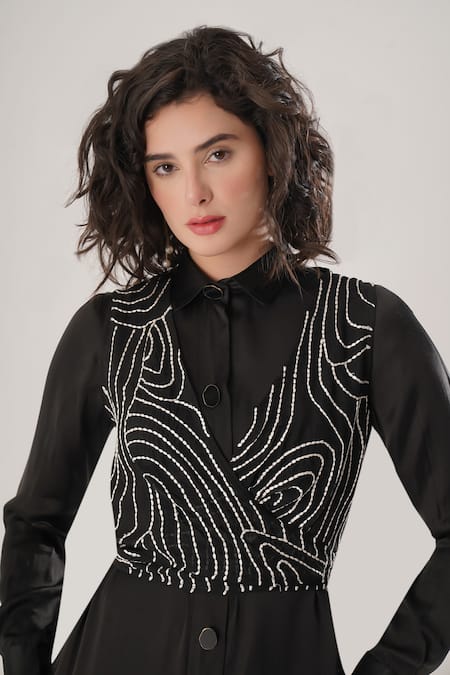 Atbw_Black Modal, Satin Embroidery Collared Designer Dress _Online_at_Aza_Fashions