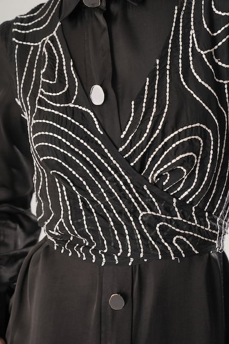 Atbw_Black Modal, Satin Embroidery Collared Designer Dress _at_Aza_Fashions