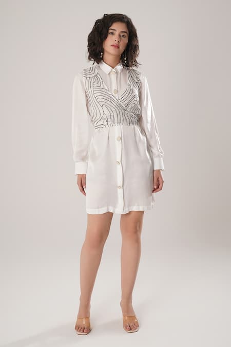 ATBW White Silk Embroidery Collared Designer Crop Top 