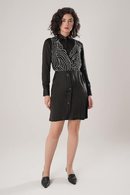 ATBW Black Silk Embroidery Collared Designer Crop Top 