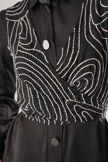 Shop_Atbw_Black Silk Embroidery Collared Designer Crop Top _Online_at_Aza_Fashions