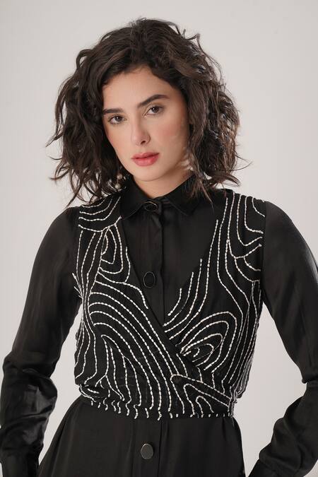 Atbw_Black Silk Embroidery Collared Designer Crop Top _at_Aza_Fashions