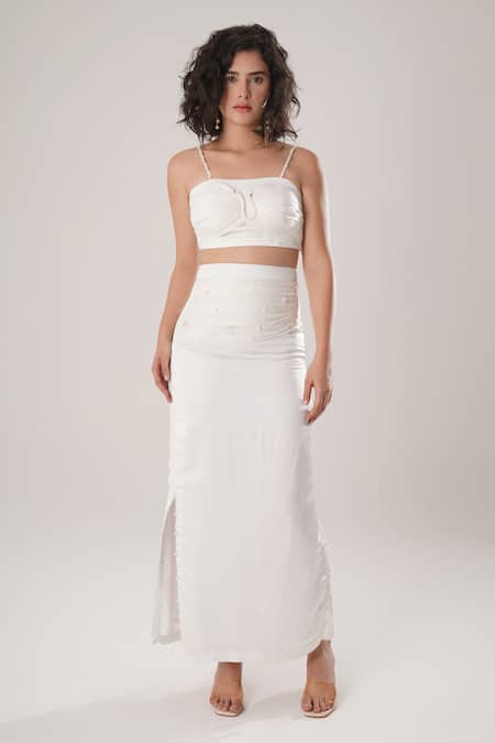 ATBW White Modal, Satin Pearls Round Neck Crop Top 