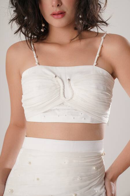 Shop_Atbw_White Modal, Satin Pearls Crop Top _Online_at_Aza_Fashions
