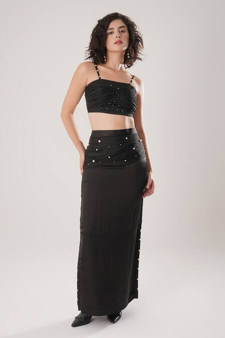 Buy_Atbw_Black Modal, Satin Pearls Open Neck Crop Top _Online_at_Aza_Fashions