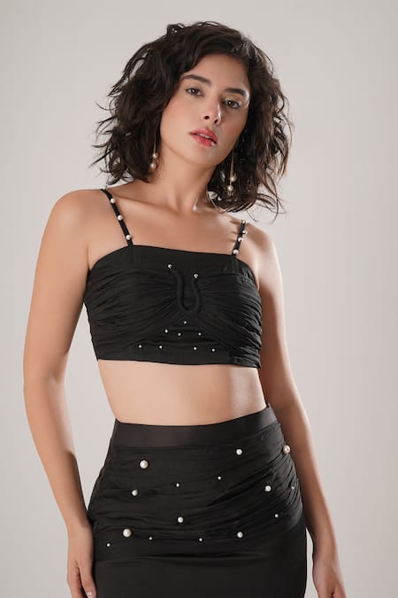 ATBW Black Modal, Satin Pearls Open Neck Crop Top 