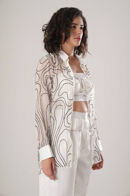 Buy_Atbw_White Silk Pearls Collared Embroidered Designer Shirt _Online_at_Aza_Fashions
