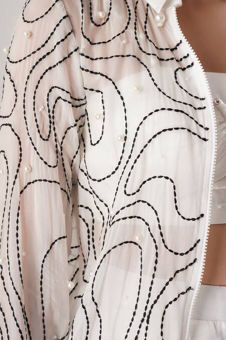 Atbw_White Silk Pearls Collared Embroidered Designer Shirt _at_Aza_Fashions