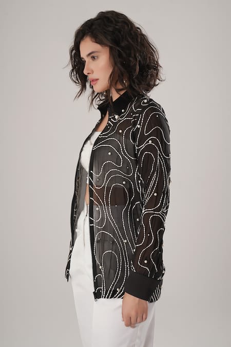 Atbw_Black Silk Pearls Collared Embroidered Designer Shirt _Online_at_Aza_Fashions
