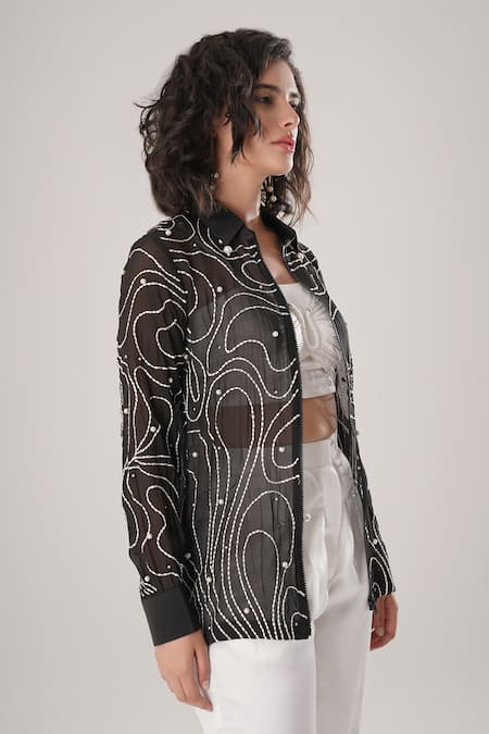 Shop_Atbw_Black Silk Pearls Collared Embroidered Designer Shirt _Online_at_Aza_Fashions