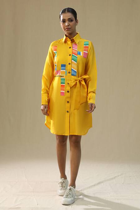 Arpita Sulakshana_Yellow Chanderi Silk Collared Chaar Baar Handpainted Shirt Dress _Online_at_Aza_Fashions