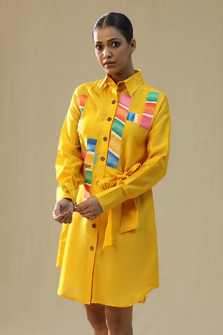Arpita Sulakshana_Yellow Chanderi Silk Collared Chaar Baar Handpainted Shirt Dress _at_Aza_Fashions