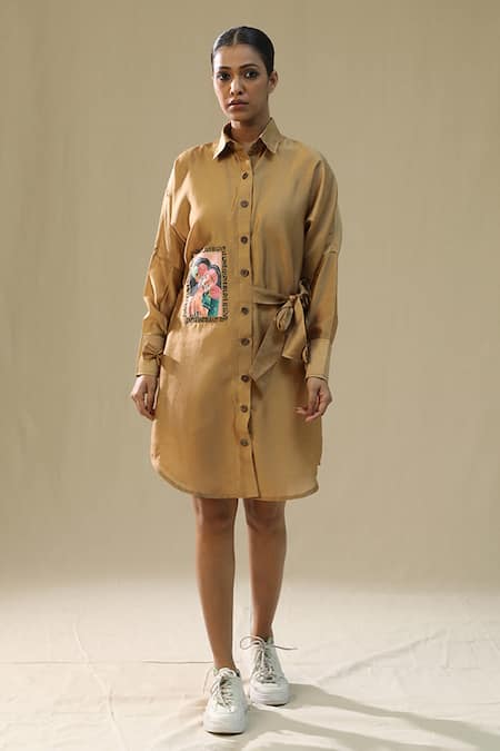 arpita sulakshana Gold Chanderi Silk Collared Rose Handpainted Shirt Dress 