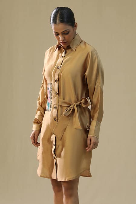Arpita Sulakshana_Gold Chanderi Silk Collared Rose Handpainted Shirt Dress _Online_at_Aza_Fashions