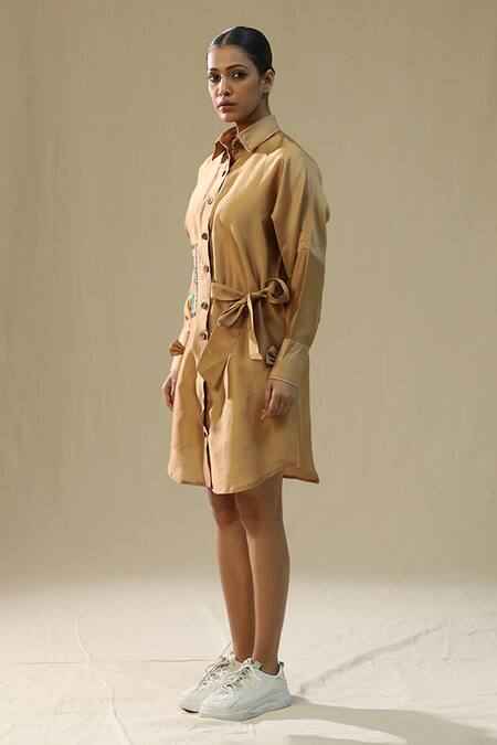 Buy_Arpita Sulakshana_Gold Chanderi Silk Collared Rose Handpainted Shirt Dress _Online_at_Aza_Fashions