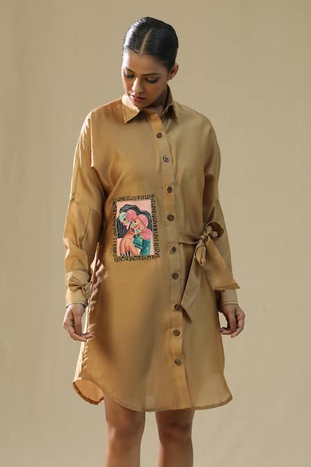 Shop_Arpita Sulakshana_Gold Chanderi Silk Collared Rose Handpainted Shirt Dress _Online_at_Aza_Fashions