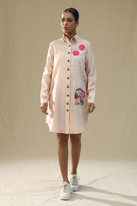 Arpita Sulakshana_Pink Chanderi Silk Embroidery Collared Sand Handpainted Shirt Dress _Online_at_Aza_Fashions
