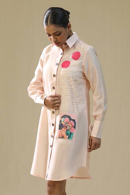 Buy_Arpita Sulakshana_Pink Chanderi Silk Embroidery Collared Sand Handpainted Shirt Dress _Online_at_Aza_Fashions