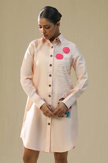 Shop_Arpita Sulakshana_Pink Chanderi Silk Embroidery Collared Sand Handpainted Shirt Dress _Online_at_Aza_Fashions
