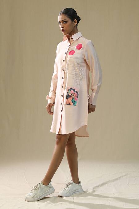 Arpita Sulakshana_Pink Chanderi Silk Embroidery Collared Sand Handpainted Shirt Dress _at_Aza_Fashions