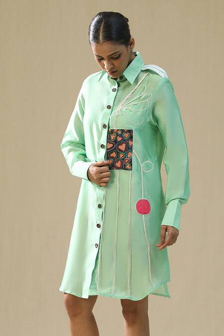 Arpita Sulakshana_Green Chanderi Silk Collared Frosty Handpainted Dress _Online_at_Aza_Fashions