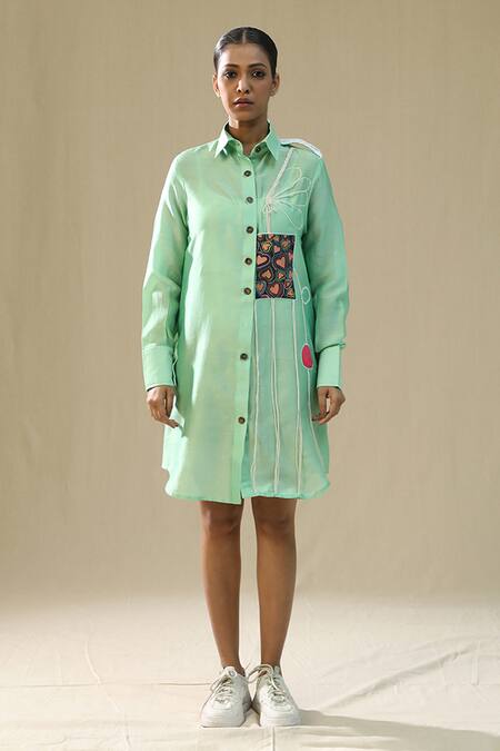 Buy_Arpita Sulakshana_Green Chanderi Silk Collared Frosty Handpainted Dress _Online_at_Aza_Fashions