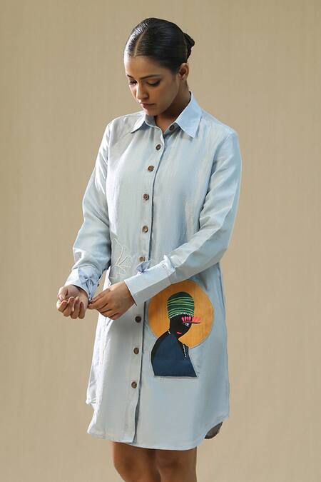 Buy_Arpita Sulakshana_Blue Chanderi Silk Collared Wild Dove Handpainted Shirt Dress _Online_at_Aza_Fashions
