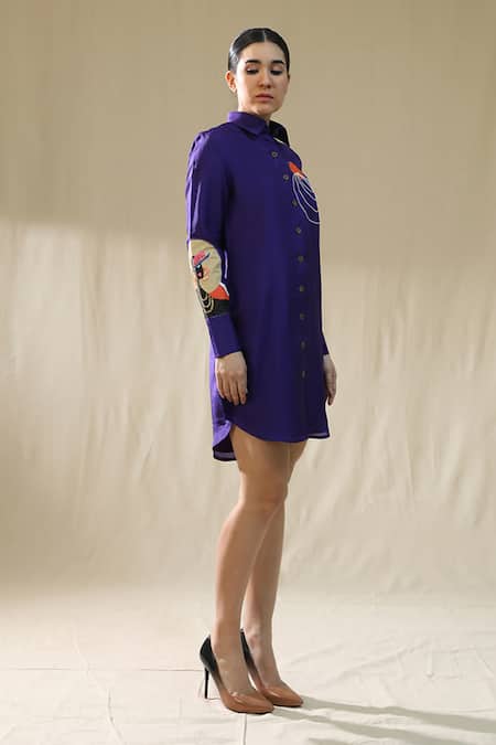 Shop_Arpita Sulakshana_Purple Silk Collared Liberty Handpainted Shirt Dress _at_Aza_Fashions