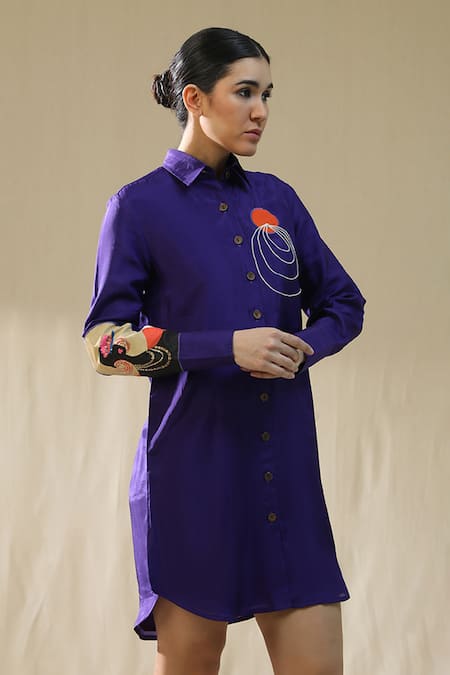 Arpita Sulakshana_Purple Silk Collared Liberty Handpainted Shirt Dress _Online_at_Aza_Fashions