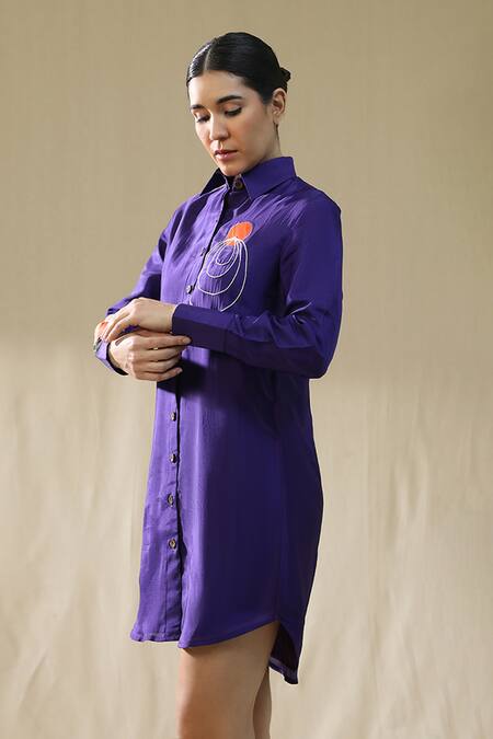 Buy_Arpita Sulakshana_Purple Silk Collared Liberty Handpainted Shirt Dress _Online_at_Aza_Fashions