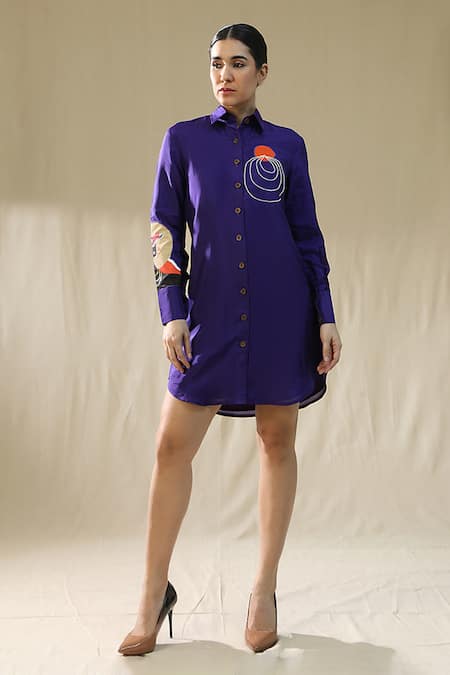 Arpita Sulakshana Purple Silk Collared Liberty Handpainted Shirt Dress 