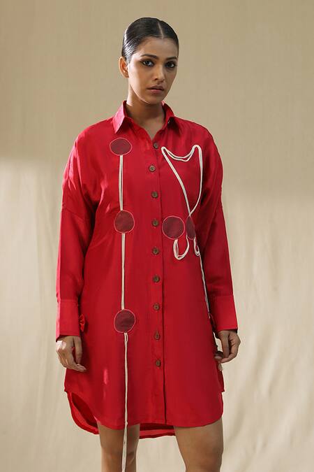 Arpita Sulakshana_Red Silk Collared Flame Scarlet Handpainted Shirt Dress _Online_at_Aza_Fashions