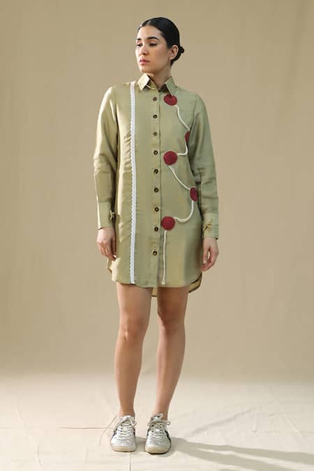Arpita Sulakshana Olive Green Silk Button-down Neck Elm Wood Handpainted Shirt Dress 