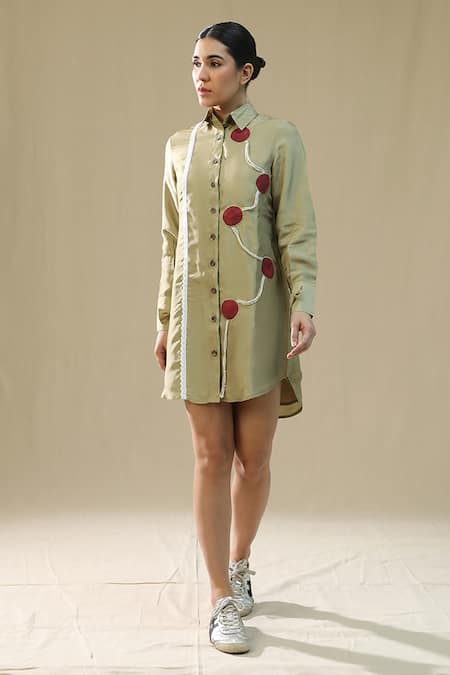 Shop_Arpita Sulakshana_Olive Green Silk Button-down Neck Elm Wood Handpainted Shirt Dress _at_Aza_Fashions