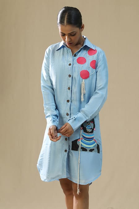Arpita Sulakshana_Sky Blue Silk Collared Handpainted Shirt Dress _Online_at_Aza_Fashions