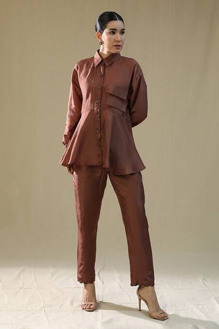Arpita Sulakshana_Brown Silk Embroidery Collared Summer Coord Set _Online_at_Aza_Fashions