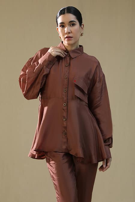 Buy_Arpita Sulakshana_Brown Silk Embroidery Collared Summer Coord Set _Online_at_Aza_Fashions