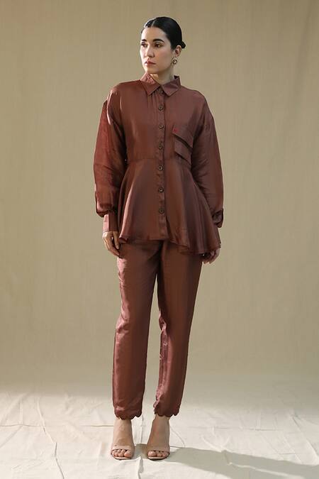 Shop_Arpita Sulakshana_Brown Silk Embroidery Collared Summer Coord Set _Online_at_Aza_Fashions