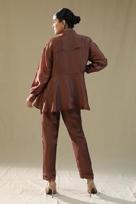 Shop_Arpita Sulakshana_Brown Silk Embroidery Collared Summer Coord Set _at_Aza_Fashions