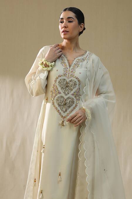 Arpita Sulakshana_Ivory Chanderi Silk, Lurex, Cotton, Organza Embroidery, Heart A Line Suit Set _Online_at_Aza_Fashions