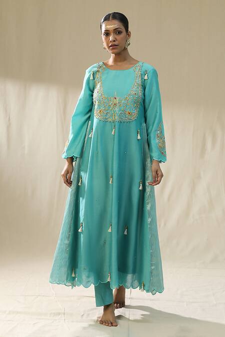Arpita Sulakshana_Sky Blue Chanderi Silk, Cotton, Silk, Organza Firoxi Ambi A-line Suit Set _Online_at_Aza_Fashions