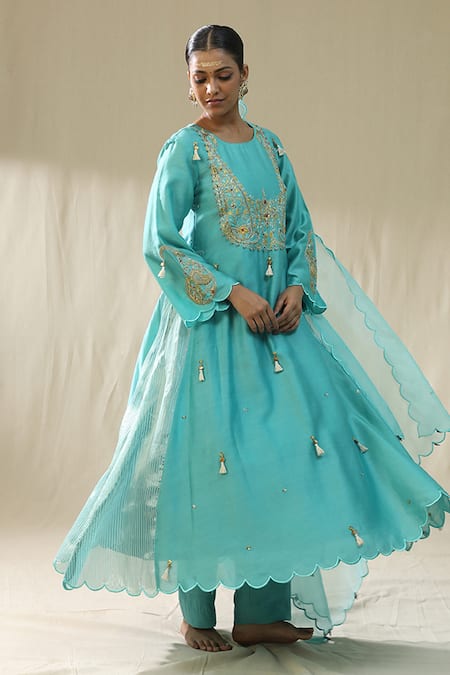 Buy_Arpita Sulakshana_Sky Blue Chanderi Silk, Cotton, Silk, Organza Firoxi Ambi A-line Suit Set _Online_at_Aza_Fashions