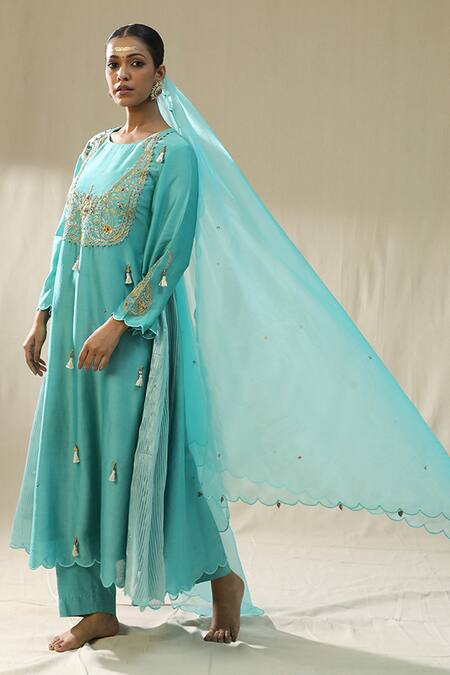 Shop_Arpita Sulakshana_Sky Blue Chanderi Silk, Cotton, Silk, Organza Firoxi Ambi A-line Suit Set _Online_at_Aza_Fashions