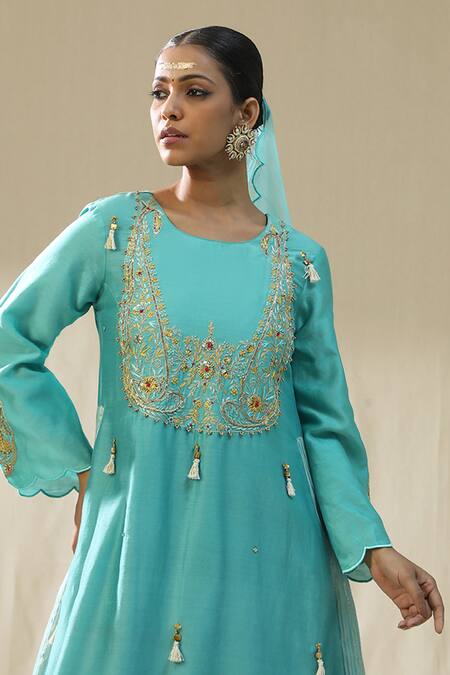 Buy_Arpita Sulakshana_Sky Blue Chanderi Silk, Cotton, Silk, Organza Firoxi Ambi A-line Suit Set 