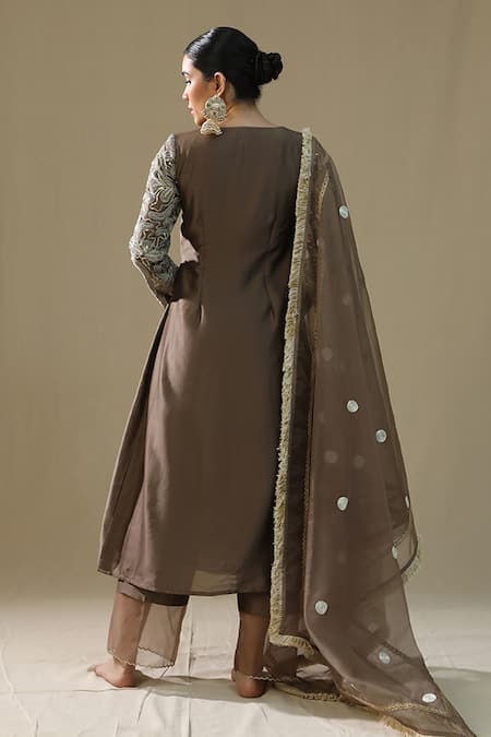 Shop_Arpita Sulakshana_Brown Chanderi Silk, Organza Embroidery, Sequins V-neck Mocha Angrakha Suit Set _at_Aza_Fashions