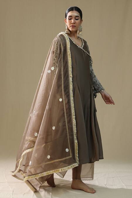 Arpita Sulakshana_Brown Chanderi Silk, Organza Embroidery, Sequins V-neck Mocha Angrakha Suit Set _Online_at_Aza_Fashions